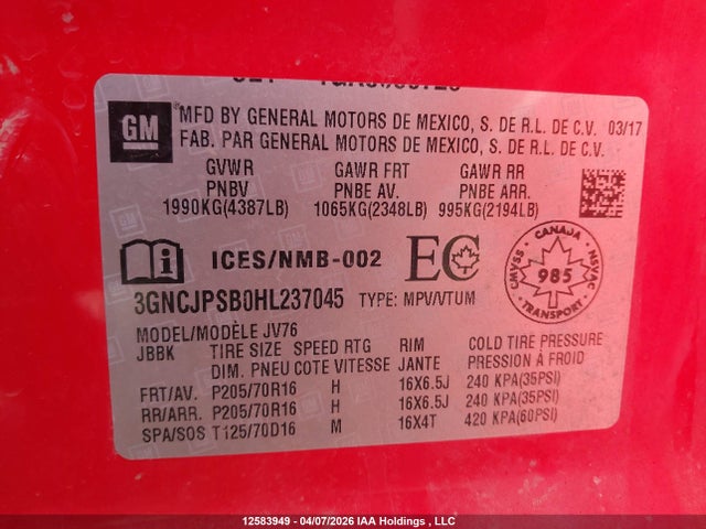 3GNCJPSB0HL237045 Chevrolet TRAX 1LT