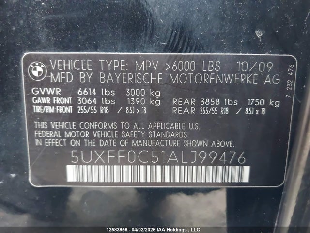 Aukcja sprzedaży 2010 Bmw X5 Xdrive35d, vin: 5UXFF0C51ALJ99476, numer aukcji: 12583956
