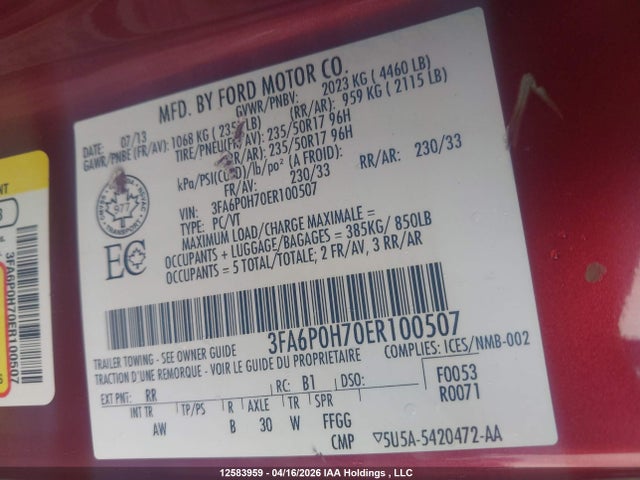 Продаж на аукціоні авто 2014 Ford Fusion, vin: 3FA6P0H70ER100507, номер лоту: 12583959