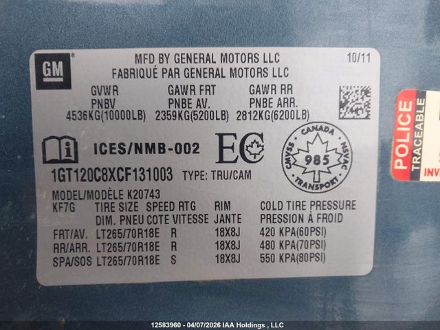 Aukcja sprzedaży 2012 Gmc Sierra 2500hd Sle, vin: 1GT120C8XCF131003, numer aukcji: 12583960