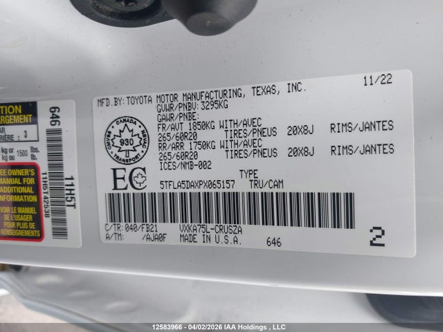 Aukcja sprzedaży 2023 Toyota Tundra Sr, vin: 5TFLA5DAXPX065157, numer aukcji: 12583966