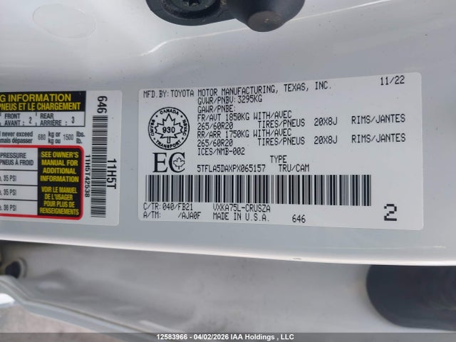 Aukcja sprzedaży 2023 Toyota Tundra Sr, vin: 5TFLA5DAXPX065157, numer aukcji: 12583966