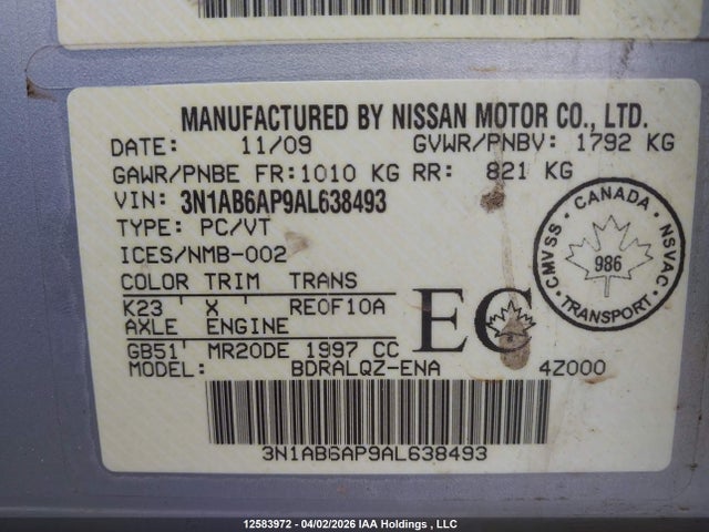 Продажа на аукционе авто 2010 Nissan Sentra 2.0, vin: 3N1AB6AP9AL638493, номер лота: 12583972