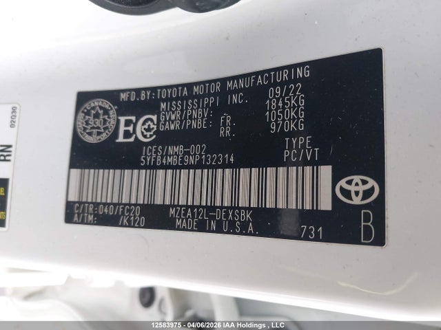2022 Toyota Corolla Se მანქანა იყიდება აუქციონზე, vin: 5YFB4MBE9NP132314, აუქციონის ნომერი: 12583975