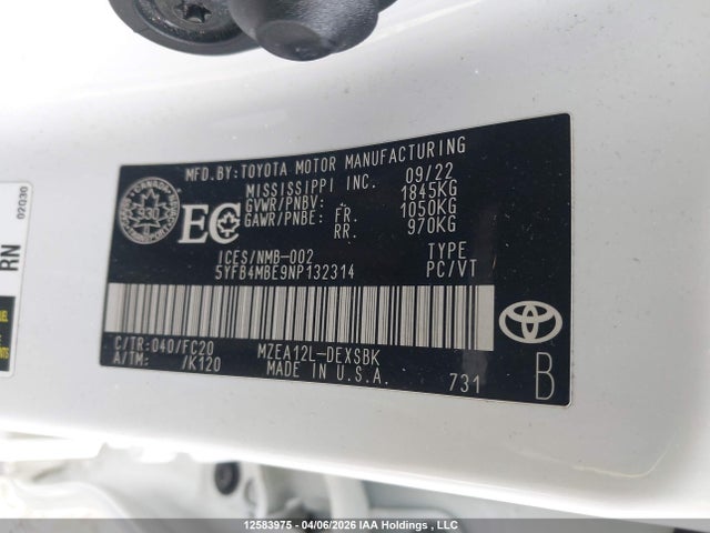 2022 Toyota Corolla Se მანქანა იყიდება აუქციონზე, vin: 5YFB4MBE9NP132314, აუქციონის ნომერი: 12583975