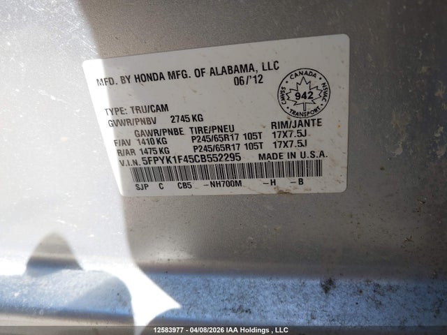 Aukcja sprzedaży 2012 Honda Ridgeline Vp, vin: 5FPYK1F45CB552295, numer aukcji: 12583977