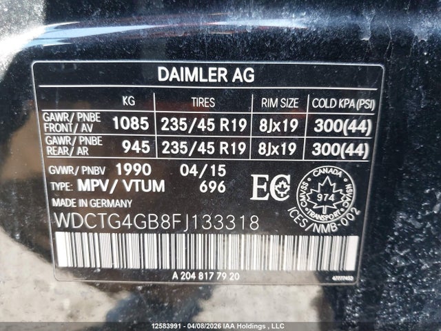 WDCTG4GB8FJ133318 Mercedes-Benz Gla 250 4matic