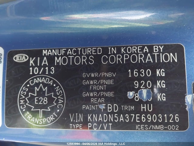 2014 Kia Rio Ex მანქანა იყიდება აუქციონზე, vin: KNADN5A37E6903126, აუქციონის ნომერი: 12583994