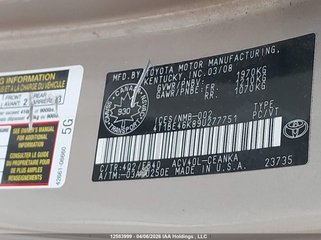 2009 Toyota Camry Se/le/xle მანქანა იყიდება აუქციონზე, vin: 4T1BE46K89U277751, აუქციონის ნომერი: 12583999