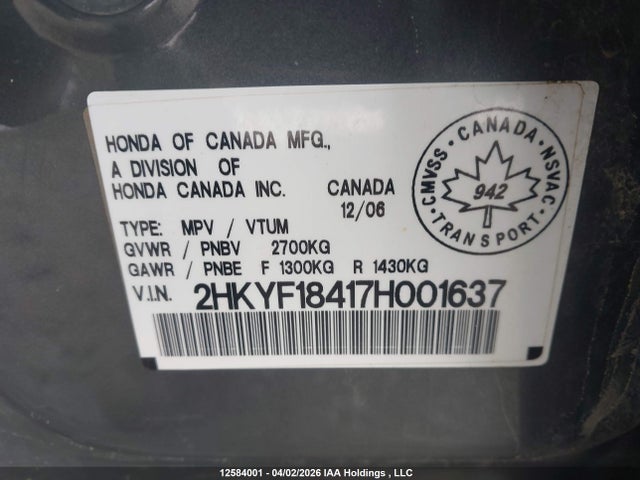 Продаж на аукціоні авто 2007 Honda Pilot Ex, vin: 2HKYF18417H001637, номер лоту: 12584001