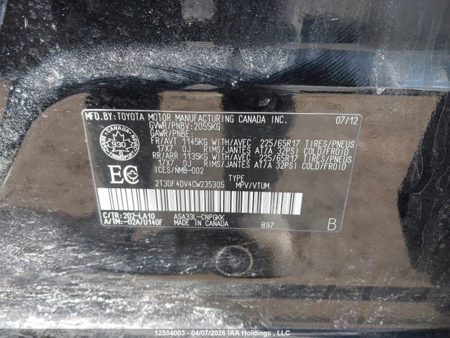 12584003 :رقم المزاد ، 2T3DF4DV4CW235305 vin ، 2012 Toyota Rav4 Limited مزاد بيع