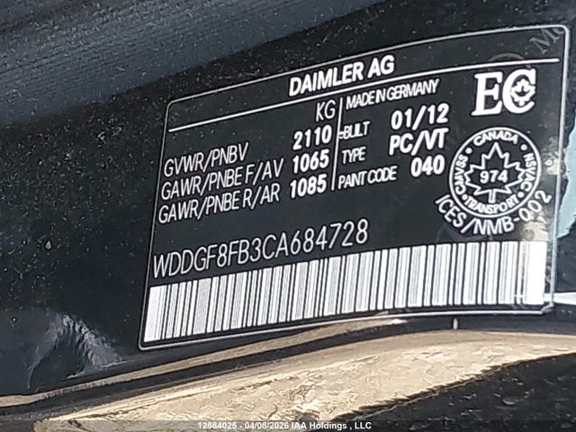 Aukcja sprzedaży 2012 Mercedes-benz C 250 4matic, vin: WDDGF8FB3CA684728, numer aukcji: 12584025