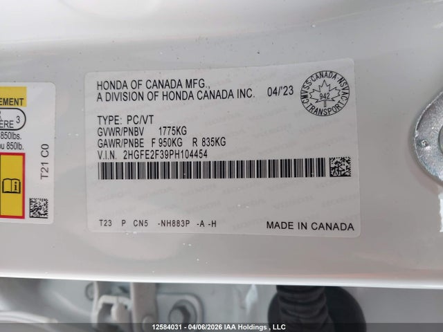 Aukcja sprzedaży 2023 Honda Civic Ex, vin: 2HGFE2F39PH104454, numer aukcji: 12584031