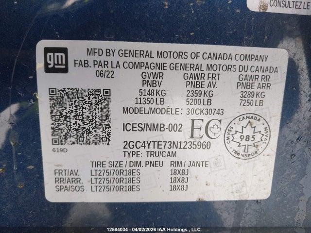 2022 Chevrolet Silverado K3500 Lt მანქანა იყიდება აუქციონზე, vin: 2GC4YTE73N1235960, აუქციონის ნომერი: 12584034