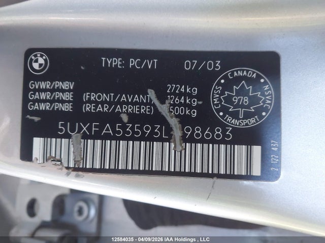 Aukcja sprzedaży 2003 Bmw X5 3.0i, vin: 5UXFA53593LV98683, numer aukcji: 12584035