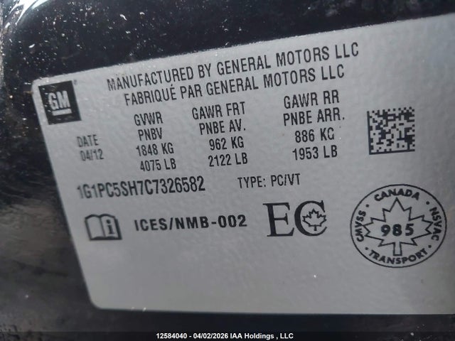 Aukcja sprzedaży 2012 Chevrolet Cruze, vin: 1G1PC5SH7C7326582, numer aukcji: 12584040