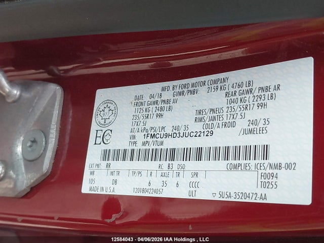Ford ESCAPE SEL 2018 1FMCU9HD3JUC22129 Image 9
