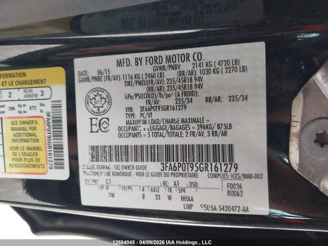 12584045 :رقم المزاد ، 3FA6P0T95GR161279 vin ، 2016 Ford Fusion Se مزاد بيع