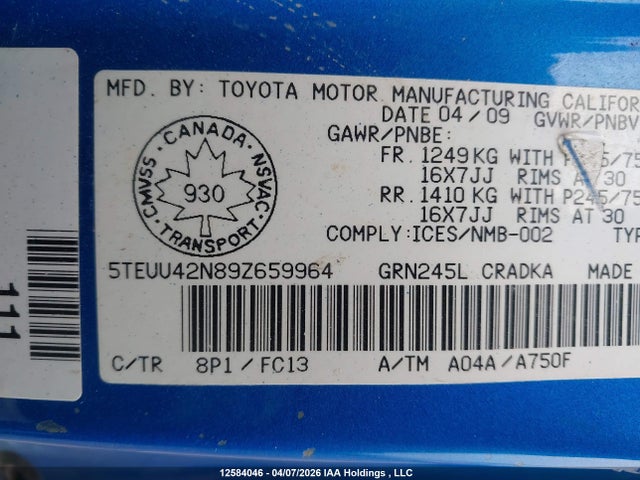 2009 Toyota Tacoma Access Cab მანქანა იყიდება აუქციონზე, vin: 5TEUU42N89Z659964, აუქციონის ნომერი: 12584046