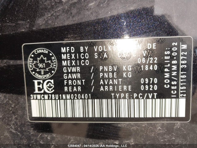 3VWCM7BU1NM020401 Volkswagen Jetta