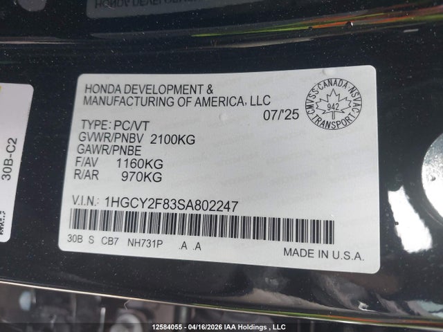 12584055 :رقم المزاد ، 1HGCY2F83SA802247 vin ، 2025 Honda Accord Touring Hybrid مزاد بيع