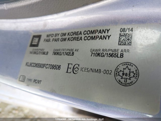 Aukcja sprzedaży 2015 Chevrolet Spark 1lt Cvt, vin: KL8CD6S93FC709506, numer aukcji: 12584060