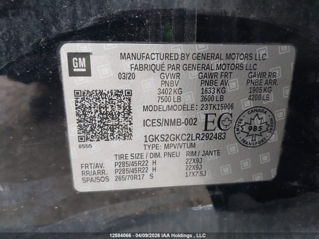 Aukcja sprzedaży 2020 Gmc Yukon Xl Slt, vin: 1GKS2GKC2LR292483, numer aukcji: 12584066