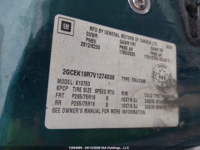 Продаж на аукціоні авто 1997 Chevrolet K1500 Cheyenne, vin: 2GCEK19R7V1274038, номер лоту: 12584068