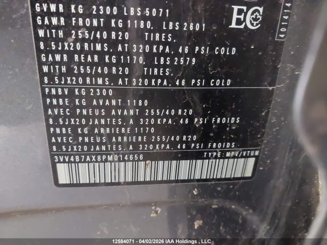 12584071 :رقم المزاد ، 3VV4B7AX8PM014656 vin ، 2023 Volkswagen Tiguan Highline R-line مزاد بيع
