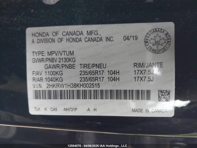 2HKRW1H38KH002515 Honda CR-V LX