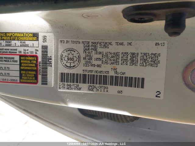 12584094 :رقم المزاد ، 5TFUM5F19EX051935 vin ، 2014 Toyota Tundra Double Cab Sr/double Cab Sr5 مزاد بيع