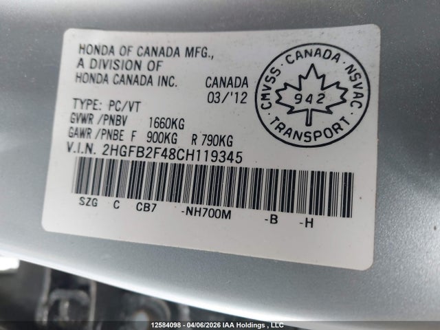 2012 Honda Civic Lx მანქანა იყიდება აუქციონზე, vin: 2HGFB2F48CH119345, აუქციონის ნომერი: 12584098