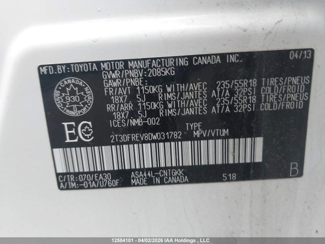 2013 Toyota Rav4 Limited მანქანა იყიდება აუქციონზე, vin: 2T3DFREV8DW031782, აუქციონის ნომერი: 12584101