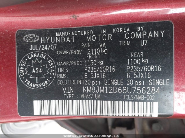 Aukcja sprzedaży 2008 Hyundai Tucson, vin: KM8JM12D68U756284, numer aukcji: 12584105