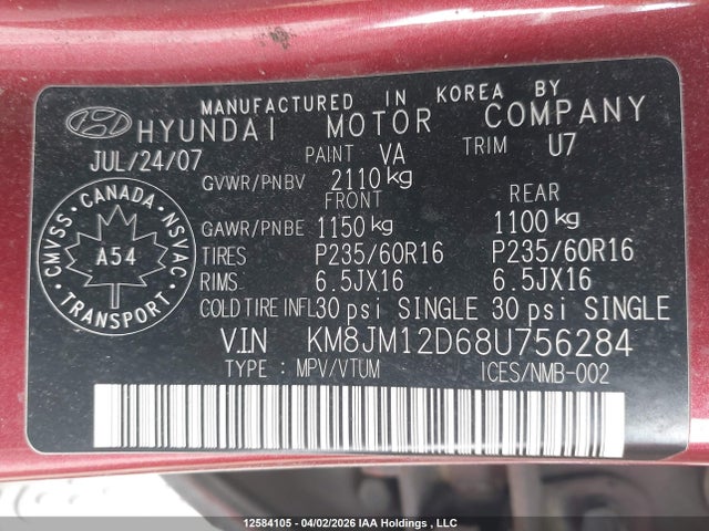 Aukcja sprzedaży 2008 Hyundai Tucson, vin: KM8JM12D68U756284, numer aukcji: 12584105