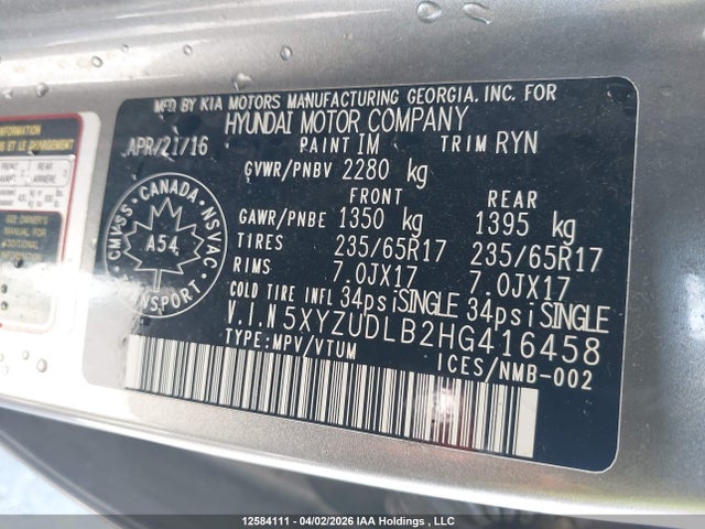 5XYZUDLB2HG416458 Hyundai SANTA FE SPORT