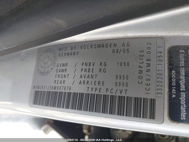 Aukcja sprzedaży 2006 Volkswagen Jetta Gls Tdi, vin: WVWSR21J36W007676, numer aukcji: 12584114
