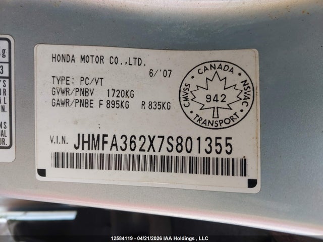 Aukcja sprzedaży 2007 Honda Civic Hybrid, vin: JHMFA362X7S801355, numer aukcji: 12584119