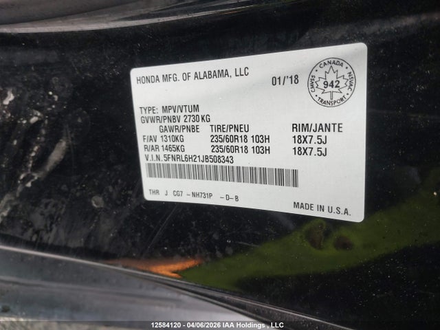 5FNRL6H21JB508343 Honda ODYSSEY LX