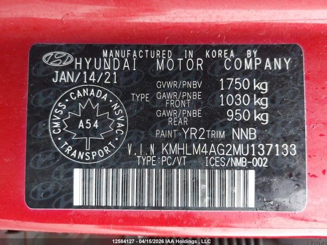 KMHLM4AG2MU137133 Hyundai Elantra Preferred Ivt