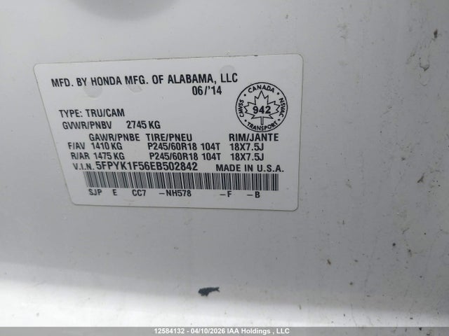 Aukcja sprzedaży 2014 Honda Ridgeline Touring, vin: 5FPYK1F56EB502842, numer aukcji: 12584132