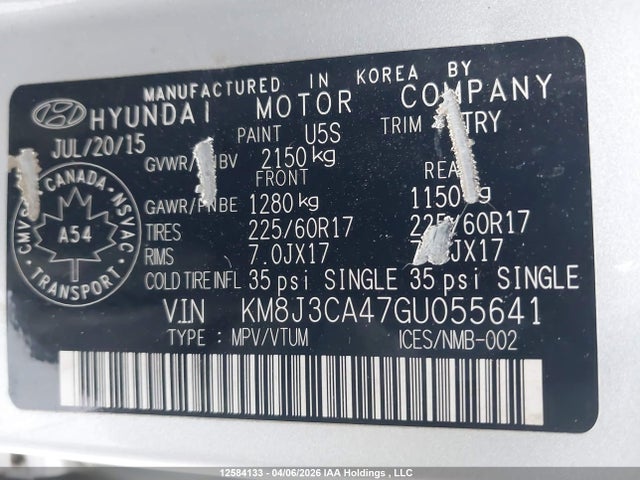 2016 Hyundai Tucson Limited/sport And Eco/se მანქანა იყიდება აუქციონზე, vin: KM8J3CA47GU055641, აუქციონის ნომერი: 12584133
