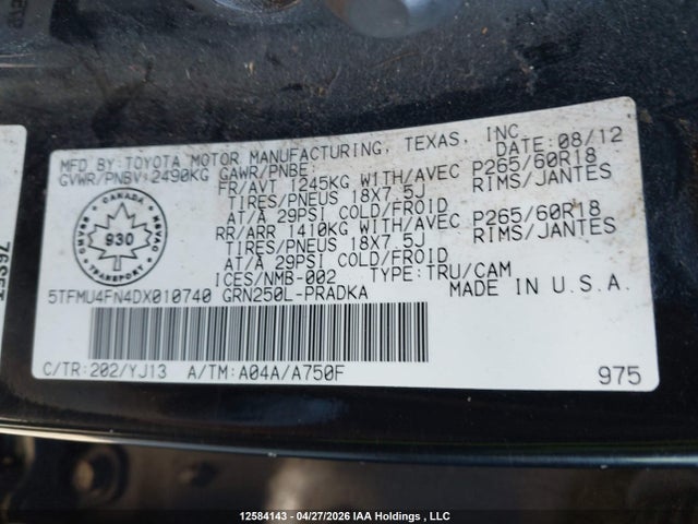 12584143 :رقم المزاد ، 5TFMU4FN4DX010740 vin ، 2013 Toyota Tacoma V6 مزاد بيع