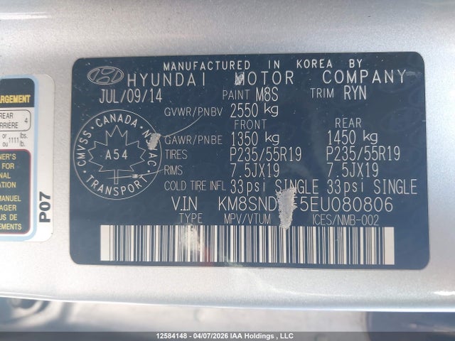 Aukcja sprzedaży 2014 Hyundai Santa Fe Xl Limited, vin: KM8SNDHF5EU080806, numer aukcji: 12584148