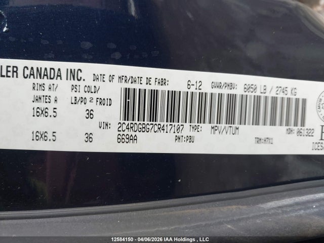 Aukcja sprzedaży 2012 Dodge Grand Caravan Se/sxt, vin: 2C4RDGBG7CR417107, numer aukcji: 12584150