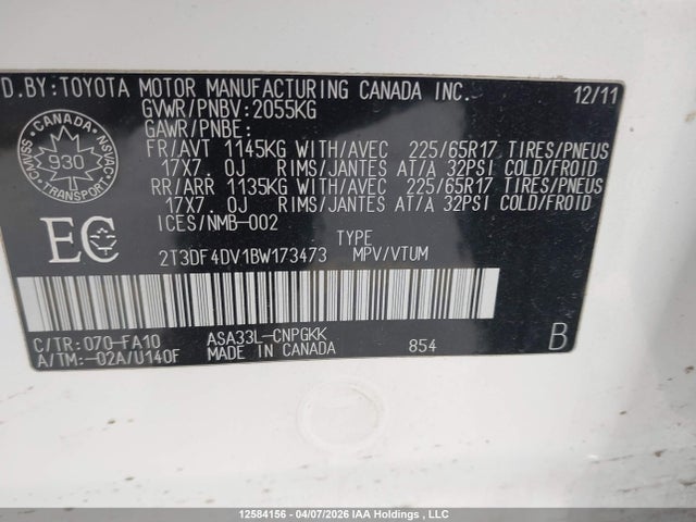 2011 Toyota Rav4 მანქანა იყიდება აუქციონზე, vin: 2T3DF4DV1BW173473, აუქციონის ნომერი: 12584156