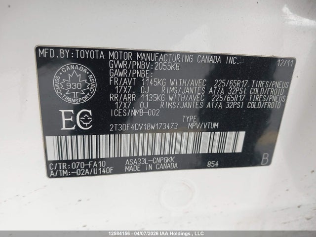 2011 Toyota Rav4 მანქანა იყიდება აუქციონზე, vin: 2T3DF4DV1BW173473, აუქციონის ნომერი: 12584156