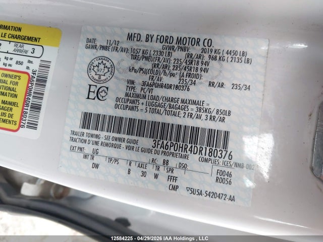 Aukcja sprzedaży 2013 Ford Fusion Se, vin: 3FA6P0HR4DR180376, numer aukcji: 12584225