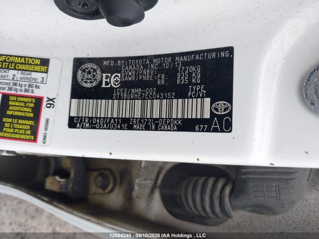 2014 Toyota Corolla მანქანა იყიდება აუქციონზე, vin: 2T1BURHE7EC043152, აუქციონის ნომერი: 12584240