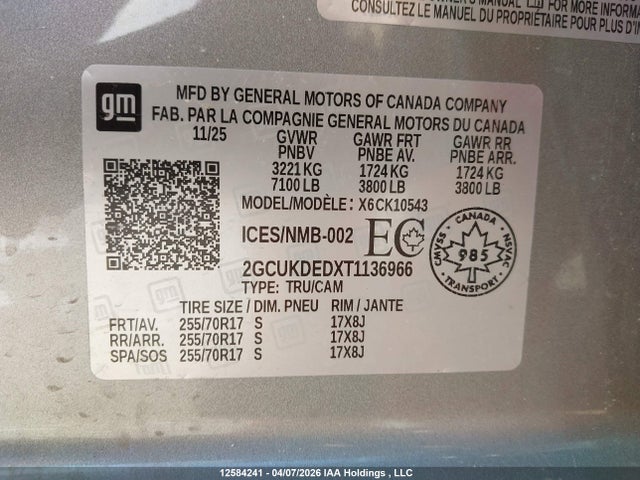 2026 Chevrolet Silverado K1500 Lt მანქანა იყიდება აუქციონზე, vin: 2GCUKDEDXT1136966, აუქციონის ნომერი: 12584241